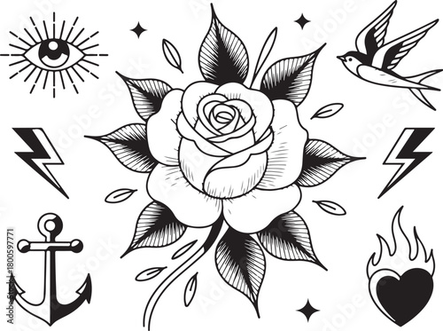 Classic tattoo flash sheet with rose and swallow