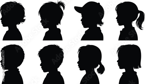 Black silhouettes of children's heads in profile on white background vector illustration