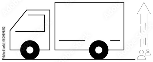 Box truck facing forward with upward arrow and small human figures. Ideal for logistics, transportation, success, innovation, growth, teamwork, business expansion. Simple flat metaphor