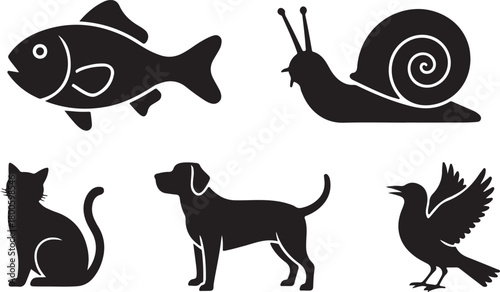 Black silhouette icons of a fish a snail a cat a dog and a bird on a white background