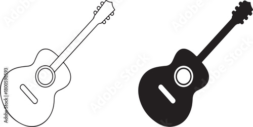 Black silhouette and outline of an acoustic guitar on a white background musical instrument