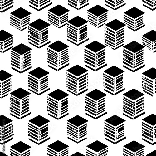 Isometric pattern of black and white cuboid structures with textured sides on a white background