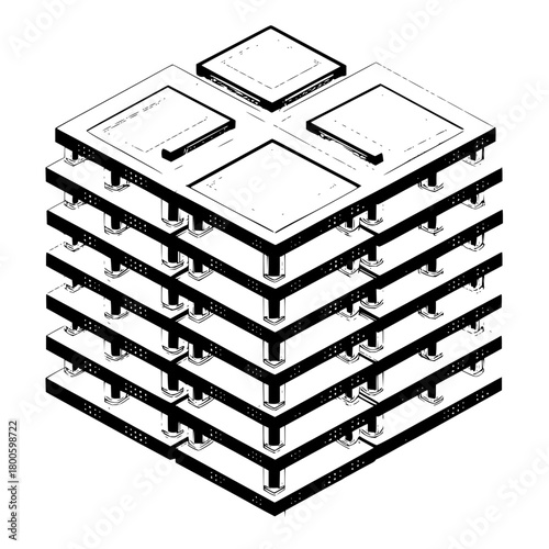 Isometric view of a multi layered structure with square platforms and supporting columns in black and white