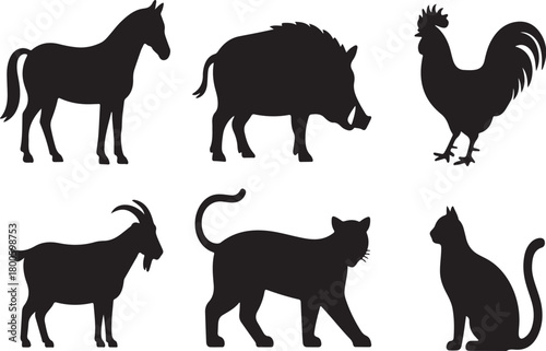 Black silhouettes of a horse a wild boar a rooster a goat two cats vector