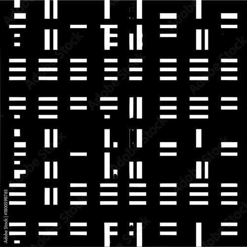 Abstract arrangement of white bars and lines on a black background creating a grid like structure