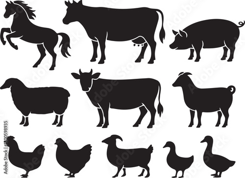 Collection of black farm animal silhouettes including horse cow pig sheep chicken and duck