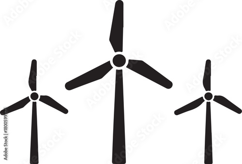 Three black wind turbines with rotating blades on a white background wind power renewable energy