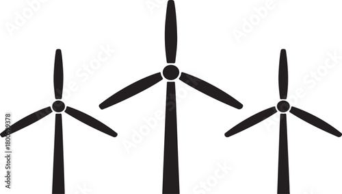 Three black wind turbines with three blades each on a white background wind energy renewable energy