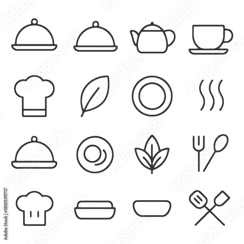 Culinary Elements Illustration: A collection of meticulously crafted, minimalist line art icons, each representing a culinary component or serving item, evoking a sense of elegance and refined dining.