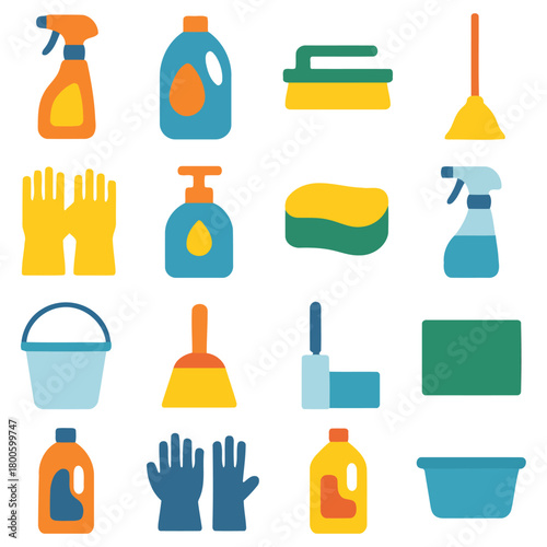 Cleaning Supply Illustration: A visually striking illustration featuring a diverse array of cleaning supplies, perfectly suited for conveying themes of hygiene, sanitation, and tidiness.