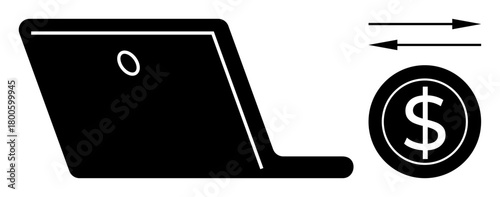 Laptop alongside a dollar coin and bidirectional arrows symbolizing online payments, e-commerce, and money transfers. Ideal for technology, finance, business, digital wallets, commerce, remote work