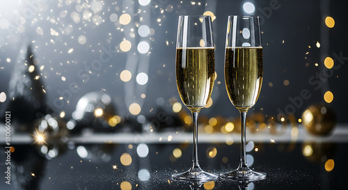 Close up of two champagne flutes with bokeh lights and confetti background