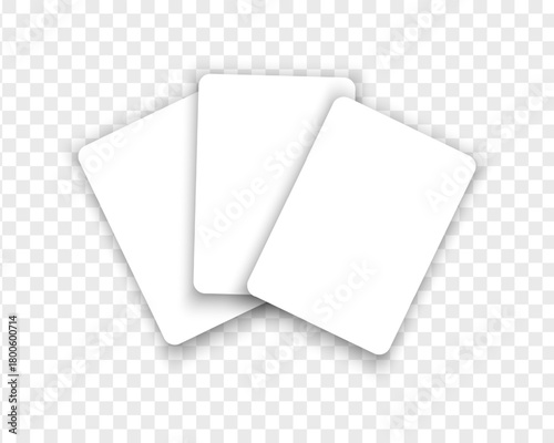 Three empty white playing cards isolated on transparent background. Playcard templates. Discount, gift or credit card mockups. Poker game concept. Vector realistic illustration.