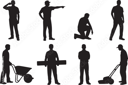 Construction worker silhouettes on white backdrop
