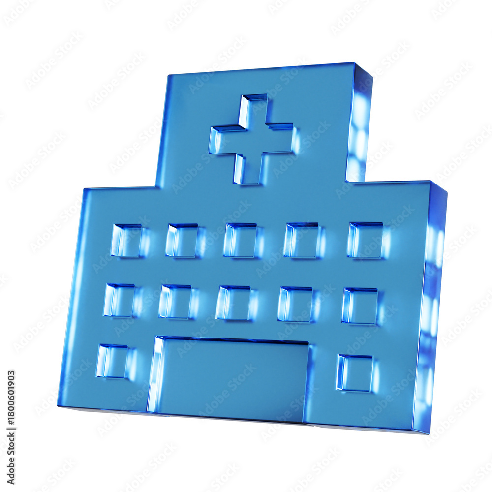 Obraz premium 病院のフラットなアイコンの3Dイラスト。透明感のある青いグラスモーフィズムなマーク