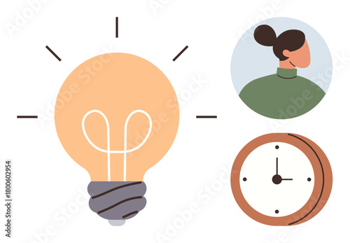 Lightbulb glowing for creativity, clock for time management, and female profile for individuality. Ideal for innovation, productivity, time tracking, personal growth, organization, brainstorming