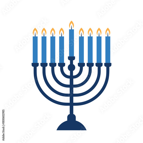 Menorah Hanukkah symbol, Nine Lit Candles on a White Background, jewish holiday decoration