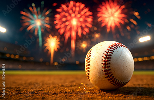 Baseball on Field with Fireworks Celebration at Night ,Generative ai