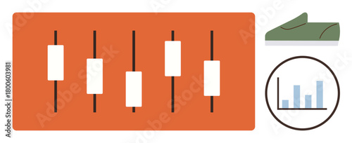 Candlestick chart with five data points, shoe shape representing market products, and a circular bar graph for analytics. Ideal for finance, stock market, strategy, retail, trends, marketing