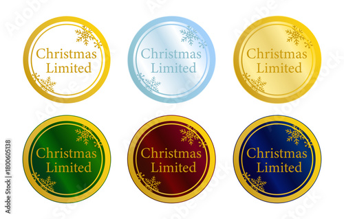 金・青・水色・赤・緑・白の多色メタリック円形バッジで構成した “Christmas Limited” ラベルコレクション