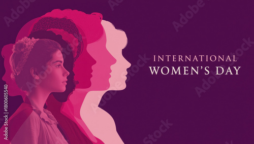 International womens day graphic with silhouettes of women and text on a purple background