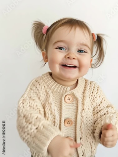 A smiling baby girl in a cream knit cardigan gives a thumbs-up toward the camera, creating a warm and positive scene ideal for family ads, kids clothing promos, parenting content, social media stories