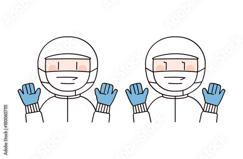 ゴム手袋をつけた食品工場や給食職員イメージの男女2人