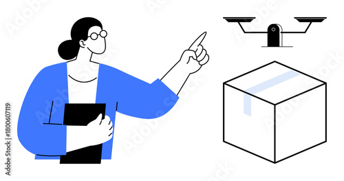 Woman holding clipboard pointing at delivery quadcopter hovering above a box. Ideal for technology, innovation, logistics, supply chain, automation, future, business concepts. Simple flat metaphor