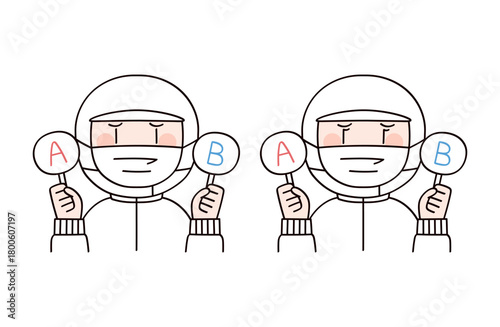 回答札も持つ食品工場や給食職員イメージの男女2人