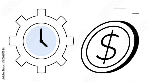 Gear-shaped clock symbolizes time management while flying dollar coin signifies financial growth and success. Ideal for business, productivity, finance, efficiency, time value, investment, economy