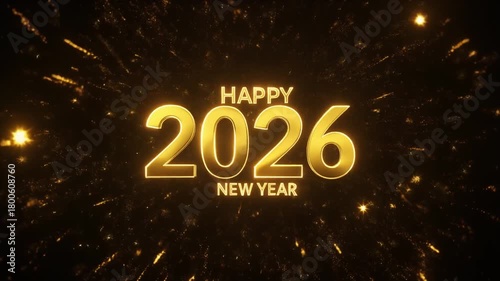 Happy 2026 New Year celebration with golden text and fireworks.