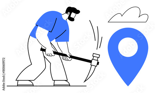 Worker hammering with pickaxe, large location pin nearby, representing effort, goal. Ideal for navigation, development, teamwork, achievement tracking journey planning online maps. Simple flat