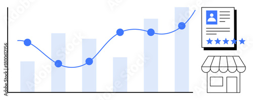 Graph showing data trends, customer profile with star ratings, and retail store icon. Ideal for business analytics, customer management, marketing, retail strategies, e-commerce, data visualization