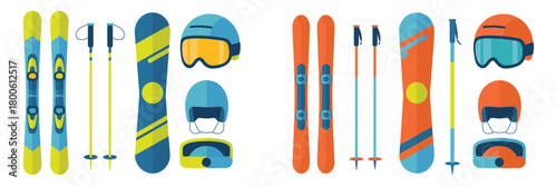 Winter Sports Equipment  Set Including Skis, Snowboards, Poles, Helmets, and Goggles for Cold Weather Activities and Outdoor Adventure