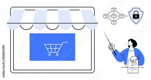 Online shop window with shopping cart, blockchain diagram, shield with lock, person presenting with document. Ideal for e-commerce, security, blockchain, tech, presentation entrepreneurship simple