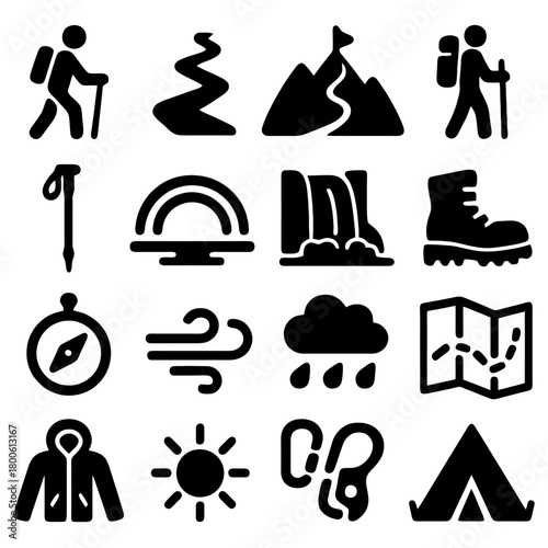 Iconic Hike Elements: A collection of hiking icons represents various aspects of hiking and adventure