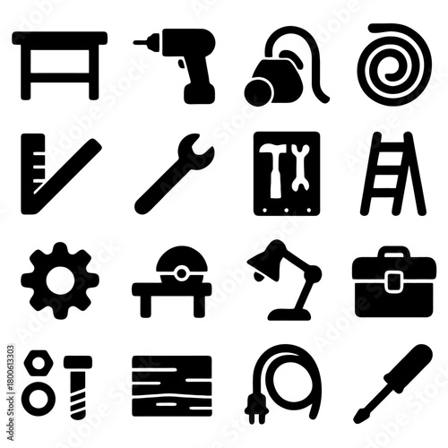 Tools Icons in Order: A comprehensive collection of tools for various applications, presented in a clean, minimalist style. From drills to wrenches.