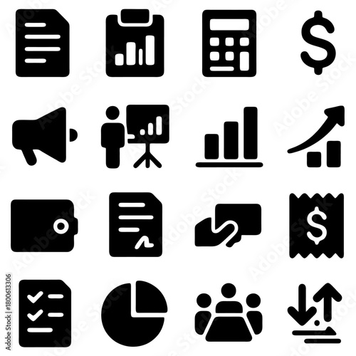Financial Icons: A comprehensive set of illustrative financial icons, encompassing business essentials and economic elements. Presenting a clear and concise visual vocabulary for finance and commerce.
