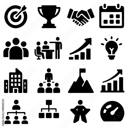 Business Icons: A collection of meticulously crafted, minimalistic icons representing a broad spectrum of business concepts. Designed to capture key elements of strategy, teamwork, and success.