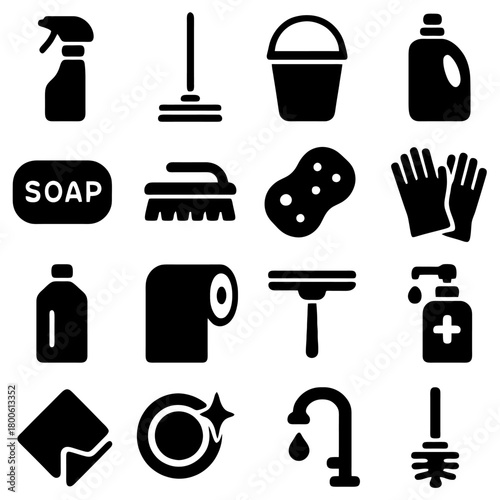 Cleaning Essentials Icons: a collection of essential cleaning icons, showcasing the tools and supplies needed for a spotless and pristine environment.
