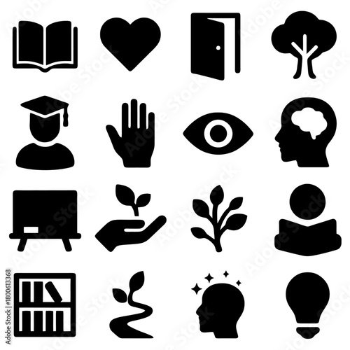 Symbolic Iconography: A curated collection of symbolic icons, elegantly presented in a cohesive arrangement, each one a visual representation of diverse concepts, conveying meaning and essence.