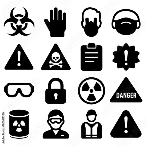 Safety Icons: A collection of safety-related icons, covering various hazards, protective gear, and warning symbols.