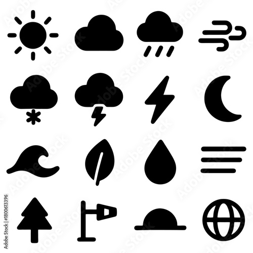 Weather Icons: A collection of simple, black and white icons representing various weather conditions, perfect for illustrating forecasts, climate concepts, and environmental themes.