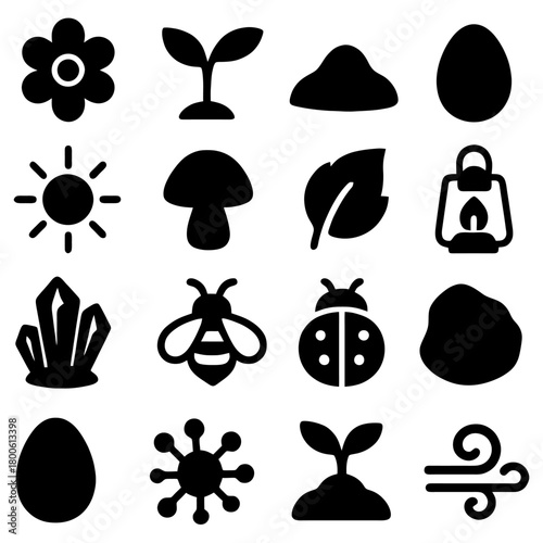 Nature's Elements Icons: An assortment of black icons representing essential elements of nature, artfully arranged to depict growth, life, and the beauty of the natural world. 