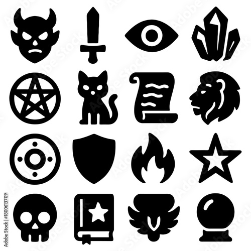 Enigmatic Symbols: A collection of black icons, each representing a unique concept or element. From the mystical eye and crystals to the fiery flames.