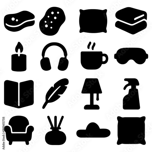 Cozy Icons: A collection of simple, yet inviting icons representing relaxation and comfort, each a silhouette hinting at the ingredients of a perfect retreat. 