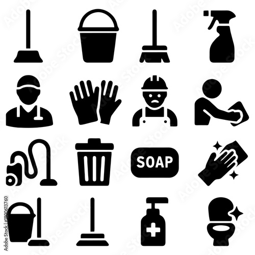 Cleaning Essentials Icons: A collection of simple, black icons that symbolizes essential cleaning tools and tasks, representing the act of tidying and hygiene.