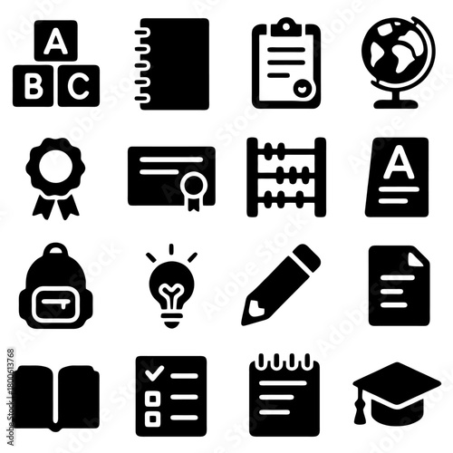 Essential Learning Icons: A collection of educational icons, each representing core elements of learning and scholastic pursuits, perfect for illustrating educational concepts.