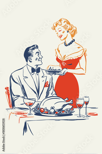 Vintage holiday couple serving festive turkey dinner in retro pin-up illustration