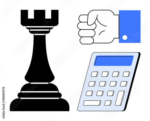 Chess rook, calculator, and closed fist in modern design. Ideal for strategy, decision-making, leadership, planning, analysis risk management teamwork. Balanced simple flat metaphor